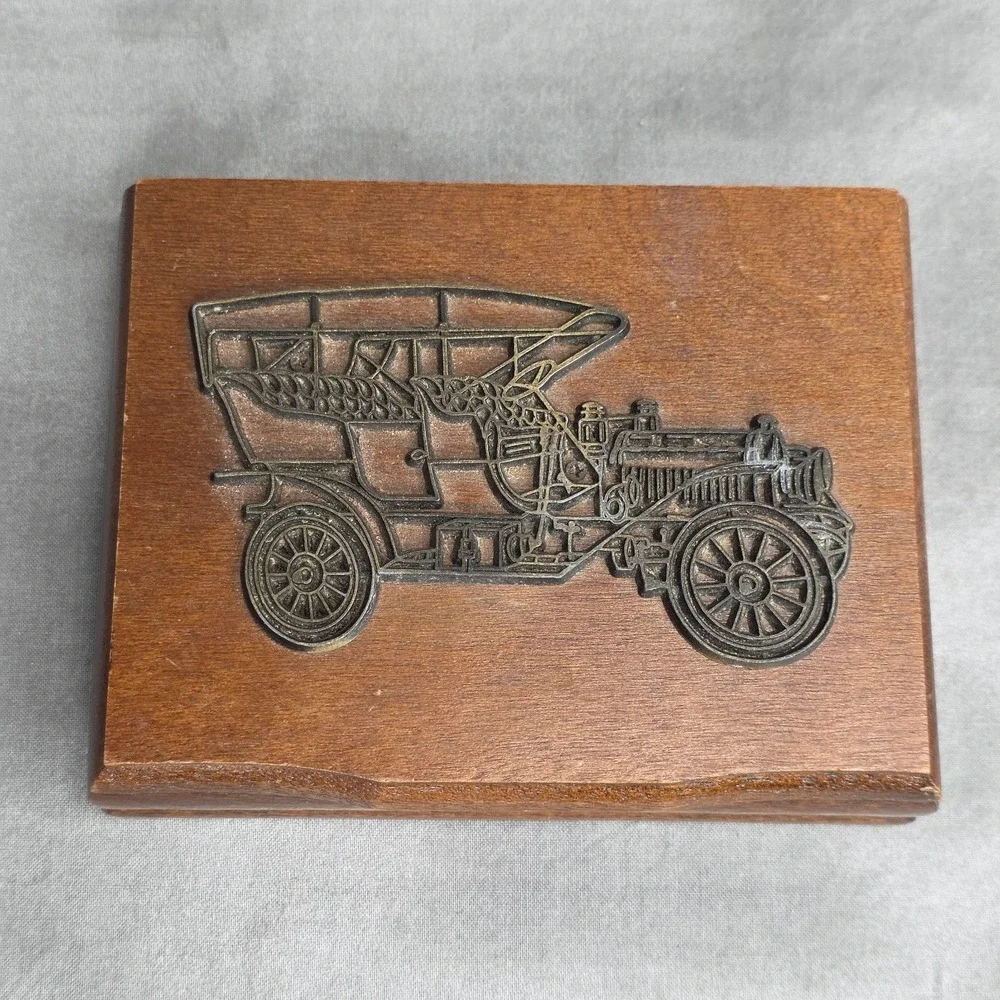 W.A Stratford Playing Card Wooden Box Vintage w/Raised Brass Classic Car